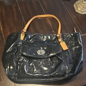 Coach Black Patent Leather Shoulder Bag with Tan Handles
